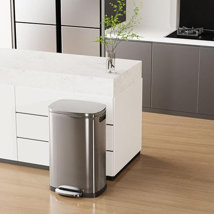 ELPHECO Kitchen Trash Can with Lid Soft Close,13 Gallon / 50L Stainless Steel Pedal Garbage Can, Heavy-Duty Fingerprint Proof Step Wastebasket with 20 Bags, Removable Bucket, Home Office, Silver - color: Silver