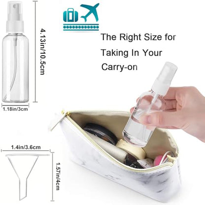 2 oz Small Spray Bottles for Travel, TSA Approved Clear Plastic Fine Mist Travel Size Toiletries Containers, Leak-Proof Refillable Empty Mini Liquid Cosmetics Dispenser Kit with Funnels & Labels