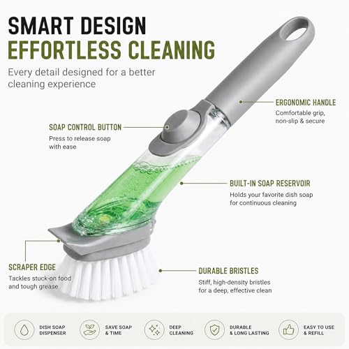 Soap Dispensing Dish Brush, Kitchen Scrub Brush with Built-in Soap Dispenser for Pots, Pans, Sink, Dishes & Everyday Cleaning