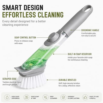 Soap Dispensing Dish Brush, Kitchen Scrub Brush with Built-in Soap Dispenser for Pots, Pans, Sink, Dishes & Everyday Cleaning