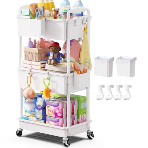 Goovilla Diaper Cart with Lockable Wheels and Easy Assembly, 3 Tier White Rolling Cart for Baby Nursery Storage, Sturdy Ample Diaper Caddy Organizer for Baby Girl, Boy, New Mom, Newborn Essentials - color: White