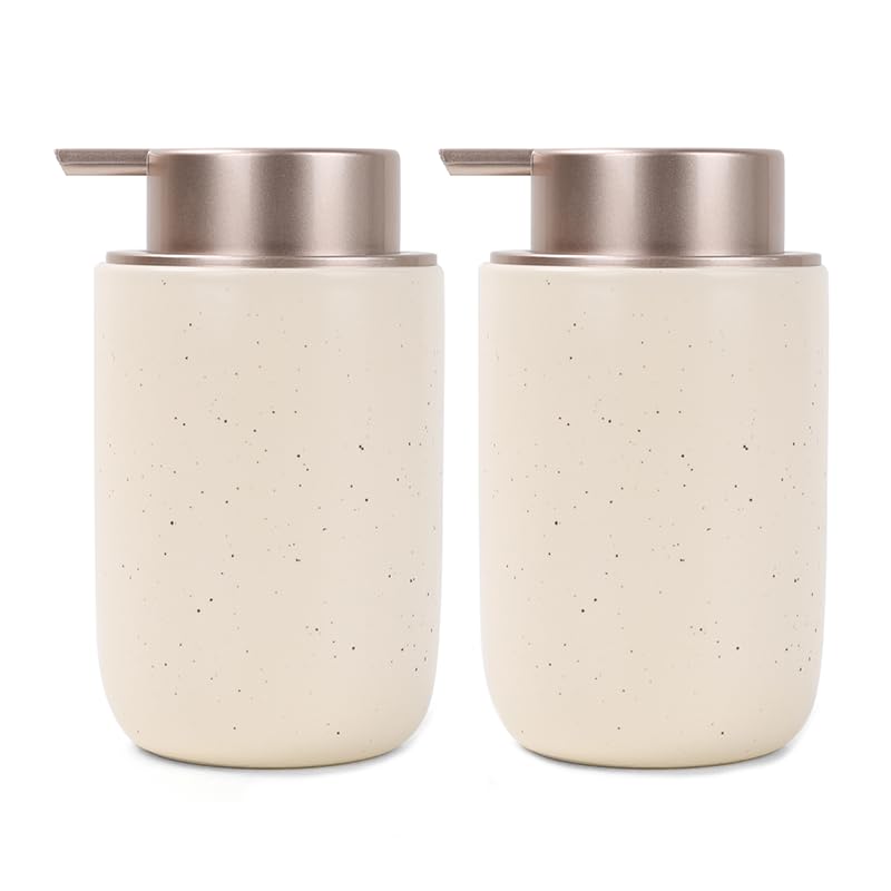 BosilunLife Foaming Soap Dispenser Set - Apricot Ceramic Foam Hand Soap Dispenser 12oz with Rust Proof Pump, Easy Pressing & Refillable,4Pcs Clear Stickers for Kitchen, Bathroom - 2 Pack - color: Apricot-foam Pump