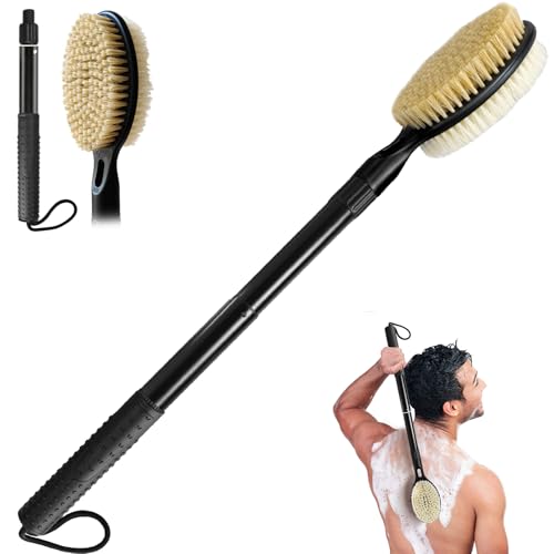 Back Scrubber for Shower with Long Handle, Dual-Sided Bath Brush for Wet & Dry Brushing, Soft & Stiff Bristles Body Exfoliator, Adjustable Detachable Shower Brush for Back, Legs & Feet - color: 17.52" - 25.6" Dual-sided Extendable