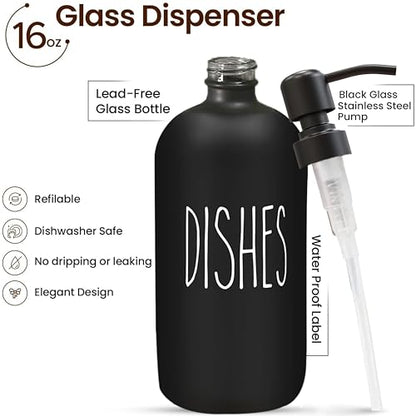Sunrise Premium 16 OZ Thick Black Glass Soap Dispenser, Matte Black Stainless Steel Pump 2 Pack, Hand and Dish Soap Dispenser Set for Bathroom with 6 Waterproof Labels - color: Matte Black Stainless Steel Pump - Black Glass