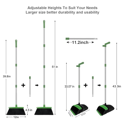 Green Broom with Dustpan Combo Set, 51" Long Handle Household Cleaning Tool, Ideal Broom and Dustpan Set for Pet Hair and Home Use - color: Green