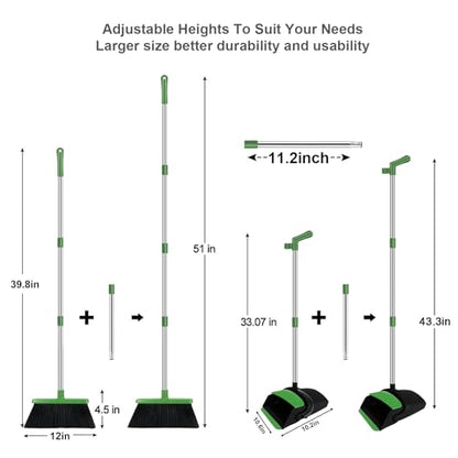 Green Broom with Dustpan Combo Set, 51" Long Handle Household Cleaning Tool, Ideal Broom and Dustpan Set for Pet Hair and Home Use - color: Green