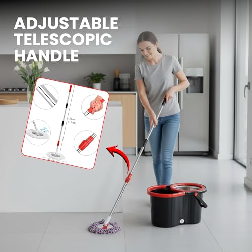 Spin Mop & Bucket Set with 2 Microfiber Mop Heads – Durable Stainless Steel & ABS Build – Black Red, Blue, Purple Colors – Bucket with 90–120cm Telescopic Handle
