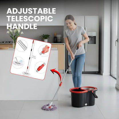 Spin Mop & Bucket Set with 2 Microfiber Mop Heads – Durable Stainless Steel & ABS Build – Black Red, Blue, Purple Colors – Bucket with 90–120cm Telescopic Handle