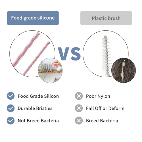 Reusable Silicone Straw Cleaner Brush Set, 2-Pack Extra Long Straw Cleaning Brush for Metal Glass Water Bottle Drinking Straws, Flexible&Bendable Design, Dishwasher Safe, 6mm & 8mm Diameter - color: Light Pink