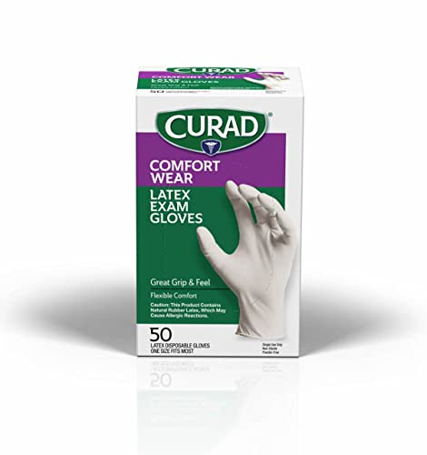 Curad Comfort Wear Latex Exam Gloves, Powder-Free, One Size Fits Most, 50 Count - size: 1 Box (50 Count)