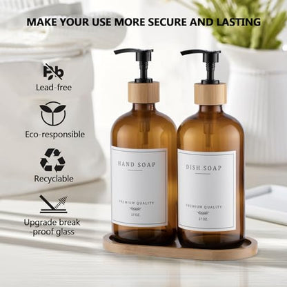 Amber Glass Soap Dispenser - Dish Hand Soap Dispenser for Kitchen Set, Soap Lotion Dispenser Bathroom with Sturdy Pump and Tray, 14 Waterproof Labels,Refillable Dispenser-Amber - color: Amber Bottle + 14 Labels + Funnel + Tray