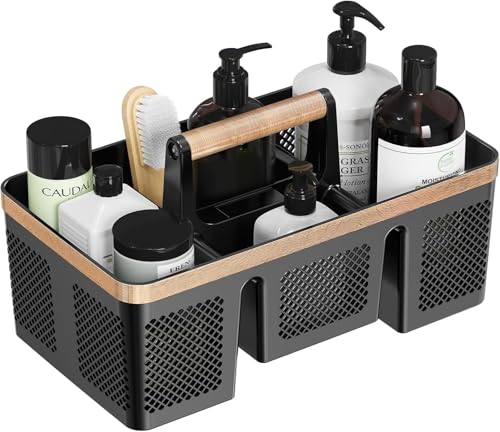 BYUNER Plastic Shower Caddy Dorm: Portable Hard Shower Basket with Handle, 4 Divided Compartments, All-Side Drainage, Bathroom & Cleaning Caddy for College Dorm Room Essentials, Black/wood grain - color: Black/Wood Grain