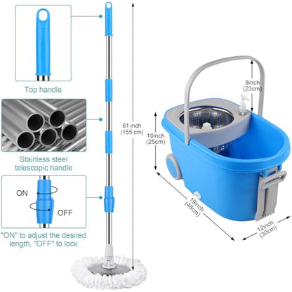 Spin Mop and Bucket with Wringer Set On Wheels, 360° Spinning Mop Bucket System with 3 Microfiber Replacement Heads, 61" Stainless Steel Extended Handle for Floor Cleaning Black/Red (25QT) (Blue) - color: Blue
