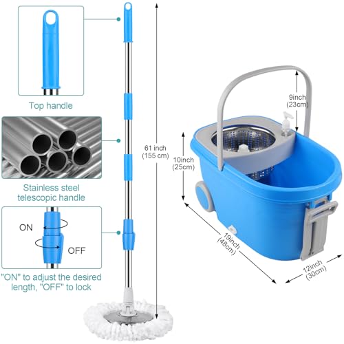 Spin Mop and Bucket with Wringer Set On Wheels, 360° Spinning Mop Bucket System with 3 Microfiber Replacement Heads, 61" Stainless Steel Extended Handle for Floor Cleaning Black/Red (25QT) (Blue) - color: Blue
