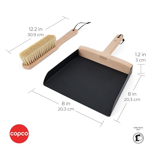 Copco Hand Brush and Dustpan Set - Wooden Beechwood Handle Broom and Dust Pan with Soft Bristles, Leather Loop Hanging Storage, Iron Dustpan, Kitchen and Home Cleaning Essentials