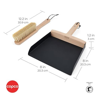 Copco Hand Brush and Dustpan Set - Wooden Beechwood Handle Broom and Dust Pan with Soft Bristles, Leather Loop Hanging Storage, Iron Dustpan, Kitchen and Home Cleaning Essentials