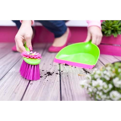 Vigar Flower Power Dust Pan and Brush Set - Mini Broom and Dustpan Set, Handheld Broom and Dustpan Set With Whisk Broom, Small Dustpan and Brush Set, Compact Indoor Sweeper for Countertop - Pink Green - color: Flower Power