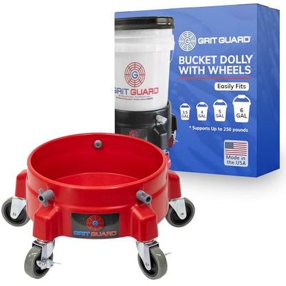 Grit Guard Bucket Dolly with Wheels - Rolling Detailing Wash Bucket with 5 Wheels and 2 Locking Casters Compatible with 2.5, 4, 5 and 6 Gallon Buckets (Red, 3" Grey Casters) - Made in the USA - color: Red, size: 3" Grey Casters