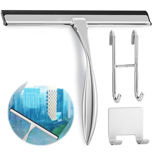 14" Silver Shower Door Squeegee - Stainless Steel Shower Squeegee for Streak-Free Bathroom Glass with Silicone Blade, Adhesive & Hanging Hooks for Mirror, Tile, Window, Car, Multi-Surface Everyday Use - color: Silver, size: 14 Inch