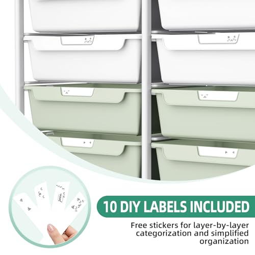 10 Drawers Rolling Cart with Wooden Tabletop, Utility Storage Cart with Wheels, Art Supply Craft Organizer on Wheel with Metal Frame & Handles for Home Office School,Green - color: Green