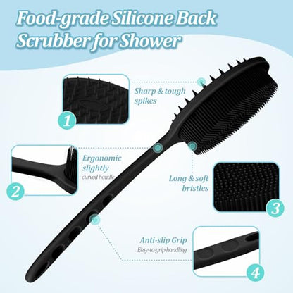 Silicone Back & Face Scrubber & Bath Glove Set 3PCS, 13.4'' Gentle Back Scrubber with Dual-Side Head, 360° Anti-Slip Bath Glove, Unique Side-bristled Face Scrubber for All-round Cleaning(Black) - color: Black*3
