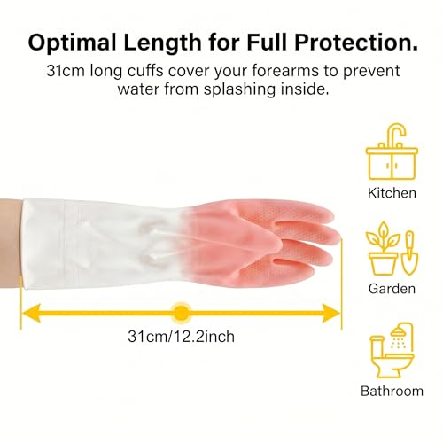 Cleaning Gloves 2 Pairs, Medium Reusable Dishwashing Gloves Honeycomb Non-Slip Grip, Waterproof Long Cuff Household Gloves for Kitchen Dishes Bathroom Laundry Pet Bath, Mint Green & Pink for Women