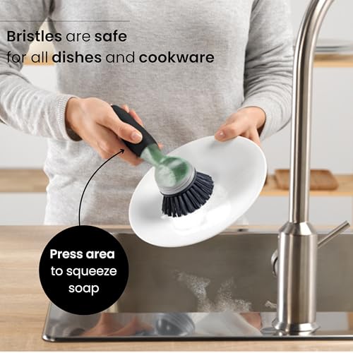 Vigar Rengo Dish Brush with Soap Dispenser - Dish Scrubber with Handle, Kitchen Scrub Brush for Dishes, Sink Cleaning Brush, Soap Dispensing Dish Wand with Nylon Bristles, Non Scratch - Black - color: Black