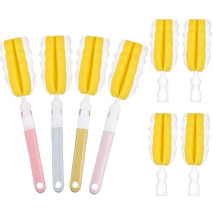 INVODA 4PCS Bottle Brush Long Handle Cup Cleaner Brush Sponge Bottle Scrubber Replaceable Brush Head Portable Bottle Cleaning Brush for Baby Bottle Dishwashing Kitchen Clean Mugs (4PCS+ 4 Brush heads) - color: 4 Pcs+ 4 Brush Heads