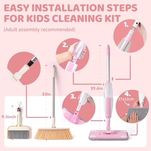 Kids Spray Mop,Toddler Mop Cleaning Set, Real Working Mini Mop & Kids Broom Dustpan Set, Housekeeping Pretend Play Toy, Montessori Kid Cleaning Toy Set Includes Organizer Clip -Pink - size: Mop & Broom Set, style: Pink