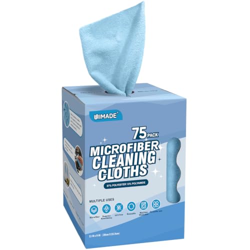 UNIMADE Microfiber Cleaning Cloth, 75 Sheets Microfiber Towels for Cars Commercial Grade Washcloths Lint-Free Bulk Shop Towel Cleaning Rags for Household Restaurant Garage Housekeeping, 11"x 9", Blue - color: Blue