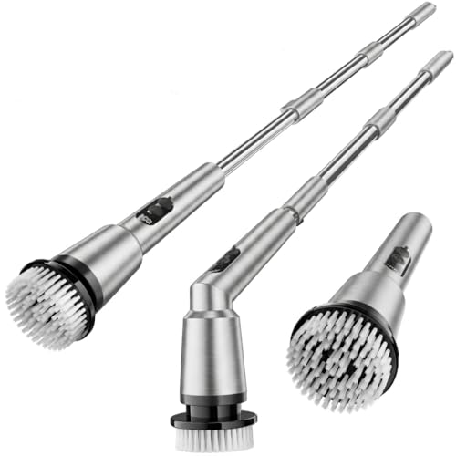 Electric Spin Scrubber, IPX7 Waterproof Cordless Cleaning Brush with 4 Replaceable Brush Heads, Adjustable Extension Handle and 3 Adjustable Speeds for Bathroom, Tub, Tile, Floor (White)