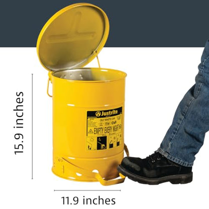 Justrite 6 Gallon Galvanized Steel Oily Waste Can, 16" x 12" Metal Oil Rag Safety Can With Foot Operated Self-Closing Lid for Oil Rag Disposal, Made in the USA, Yellow, 09101 - color: Yellow, size: 6 Gallon, style: Foot-Operated Lid