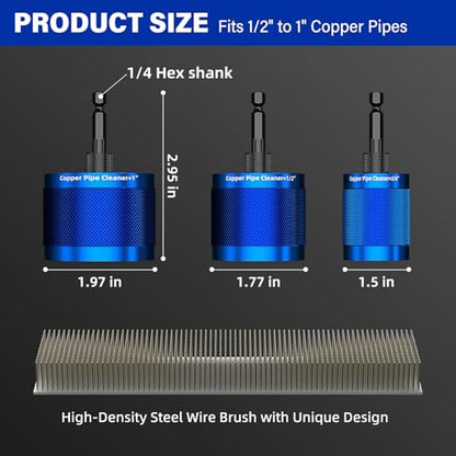BURMONG 3 Pcs Copper Pipe Cleaner Drill Set (1/2" 3/4" 1") - Metal Tube Cleaning Brushes for Power - Professional Plumbing Tools for Copper Pipes & Tubes - Heavy-Duty Drill Attachment for Plumbers