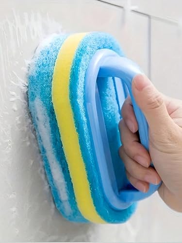 Ergonomic Long Handle Sponge Brush Set Durable Scouring 3 Pack Pad Shower Scrubber for Bathroom Bathtub Tile Grout Kitchen Sink Pot Cleaning Tool Non Scratch Heavy Duty Wand (Blue) - color: Blue