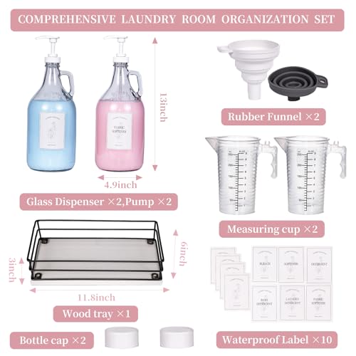 2 Pcs Glass Liquid Laundry Detergent Dispenser, Half Gallon Dispenser for Laundry Room (64 oz. Each), Laundry Detergent Bottles with Pump Dispenser -Includes Labels, Measuring Cups,Wooden Stand - color: White