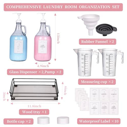 2 Pcs Glass Liquid Laundry Detergent Dispenser, Half Gallon Dispenser for Laundry Room (64 oz. Each), Laundry Detergent Bottles with Pump Dispenser -Includes Labels, Measuring Cups,Wooden Stand - color: White