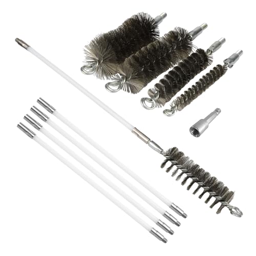 50 Inch Pipe Cleaning Brush Set with Stainless Steel Bristles, Wire Brush with 4 Flexible Rods and Hexagonal Connecting Rod, Stainless Steel Pipe Brush Set (3/5, 1, 1 3/5, 2 in Brush Heads)