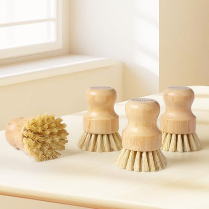 4 Pack Bamboo Dish Brush, Dish Scrubber Brush with Sisal Bristle, Natural Scrub Brush for Kitchen Cleaning Dishes, Pots, Pans, Bottles, Vegetables