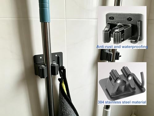 Mop Broom Holder, 4 Pcs Stainless Steel Broom Holder Wall Mount Self Adhesive/Screw Drilling Heavy Duty Broom and Mop Organizer Wall Hanging Cleaning Tool Organizer Gripper for Bathroom, Kitchen