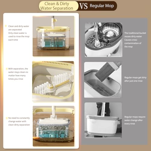 Mrbin Spin Mop for Floor Cleaning and Bucket Set, 2 in 1 Quick Dry Wet Flat Swivel Trapeador Hands Free with Washable Microfiber Pads, Refillable Tank for Hardwood, Laminate, Tile, Vinyl, Cream White