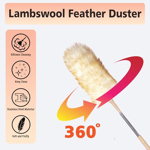 Cedenoo Lambswool Duster Extendable 22–55 Inch Natural Wool Duster with Flexible Head for Ceilings Furniture Blinds Electronics Washable Reusable - color: Yellow