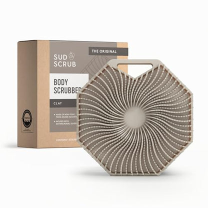 Sud Scrub® Antimicrobial Silicone Body Scrubber, Exfoliating Body Brush for Sensitive Skin, Antibacterial Shower Scrubber for Body, Bathroom Essentials for Men & Women, Clay - color: Clay