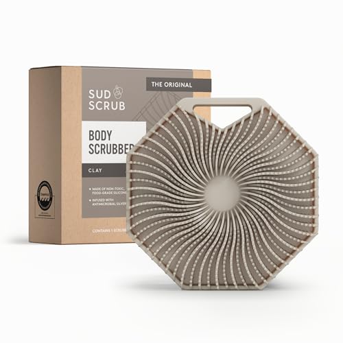 Sud Scrub® Antimicrobial Silicone Body Scrubber, Exfoliating Body Brush for Sensitive Skin, Antibacterial Shower Scrubber for Body, Bathroom Essentials for Men & Women, Clay - color: Clay