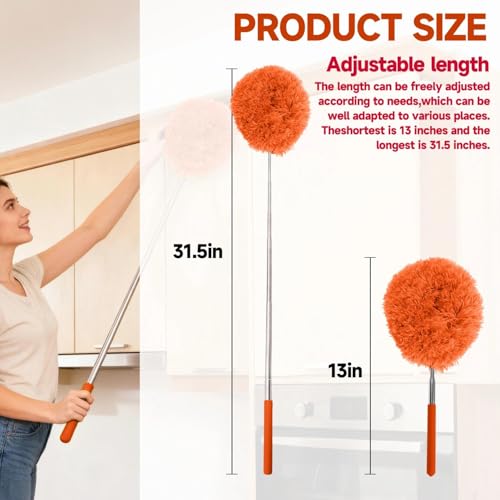 Extendable Microfiber Duster, Telescoping Dusting Brush for Home and Car Cleaning, Adjustable Length, Soft and Flexible - color: Round Orange