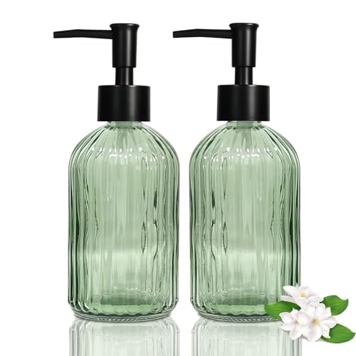 14 Oz Black Pump Glass Soap Dispenser, Green Stripe Countertop Refillable Liquid Bottle Hand Dish Lotion Dispenser with Plastic Pump, for Kitchen, Bathroom, 2 Pack - color: 2 Packs Green