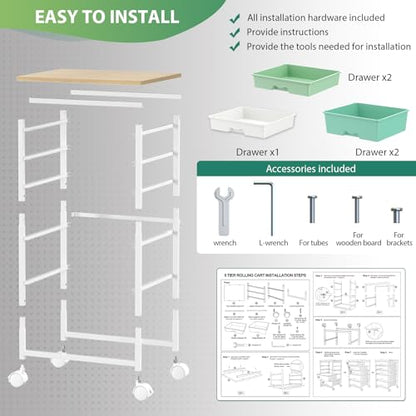 Goovilla Rolling Cart with Drawers, Utility Cart Organizer With 5 Removable Drawers and Wooden Tabletop, Lockable Rolling Storage Organizer for Art, Classroom, Home, Dorm, Office, Craft Storage, Green - size: Green
