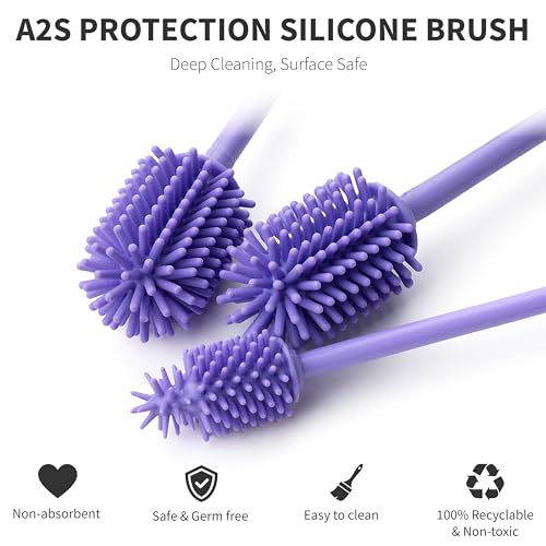 A-Brush Silicone Bottle Cleaner Brush, 3 Piece Set, Long Handle - Water Bottle Cleaner, Baby Bottle Nipple Brush for Plastic & Glass, BPA-Free Dish Washing Brush A2S Protection - color: Purple 3pk