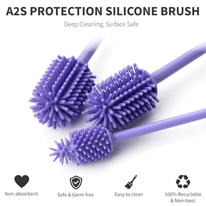 A-Brush Silicone Bottle Cleaner Brush, 3 Piece Set, Long Handle - Water Bottle Cleaner, Baby Bottle Nipple Brush for Plastic & Glass, BPA-Free Dish Washing Brush A2S Protection - color: Purple 3pk