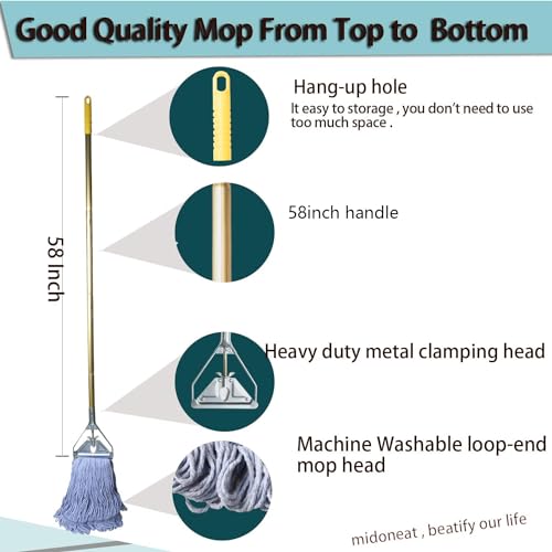 Midoneat Heavy Duty Commercial Industrial Mop ,58" Looped-End String Wet Cotton Mops for Floor Cleaning, Including Three mop Head Replacement