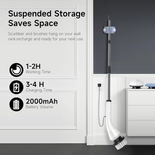Electric Spin Scrubber - Cordless Cleaning Brush with 8 Replaceable Brush Heads and Adjustable Extension Handle, Power Dual Speed Shower Cleaning Scrubber for Bathroom, Tub, Tile, Floor, etc (White)